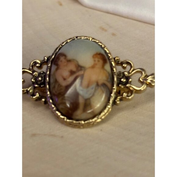 Vintage Porcelain Brooch Gilded Nude Maidens, Rococo Revival Pin Ornate Gold Ton - Picture 4 of 11